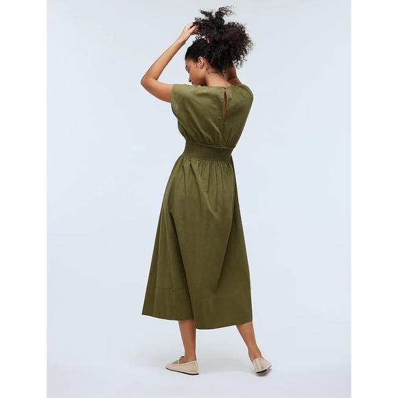 Madewell Kaya Smocked-Waist Midi Dress in Stripe Seersucker Olive Linen Blend XL - Picture 4 of 6